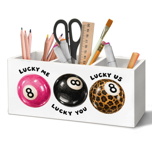 Yjeslw Trendy Retro 8 Ball Pen Holder Organizer for Desk Accessories, Girly Office Decor, Funky Preppy Y2K Lucky Me Lucky 8 Ball Wooden Box Sign Desk Decorations for Girls Room Bedroom Dorm Decor