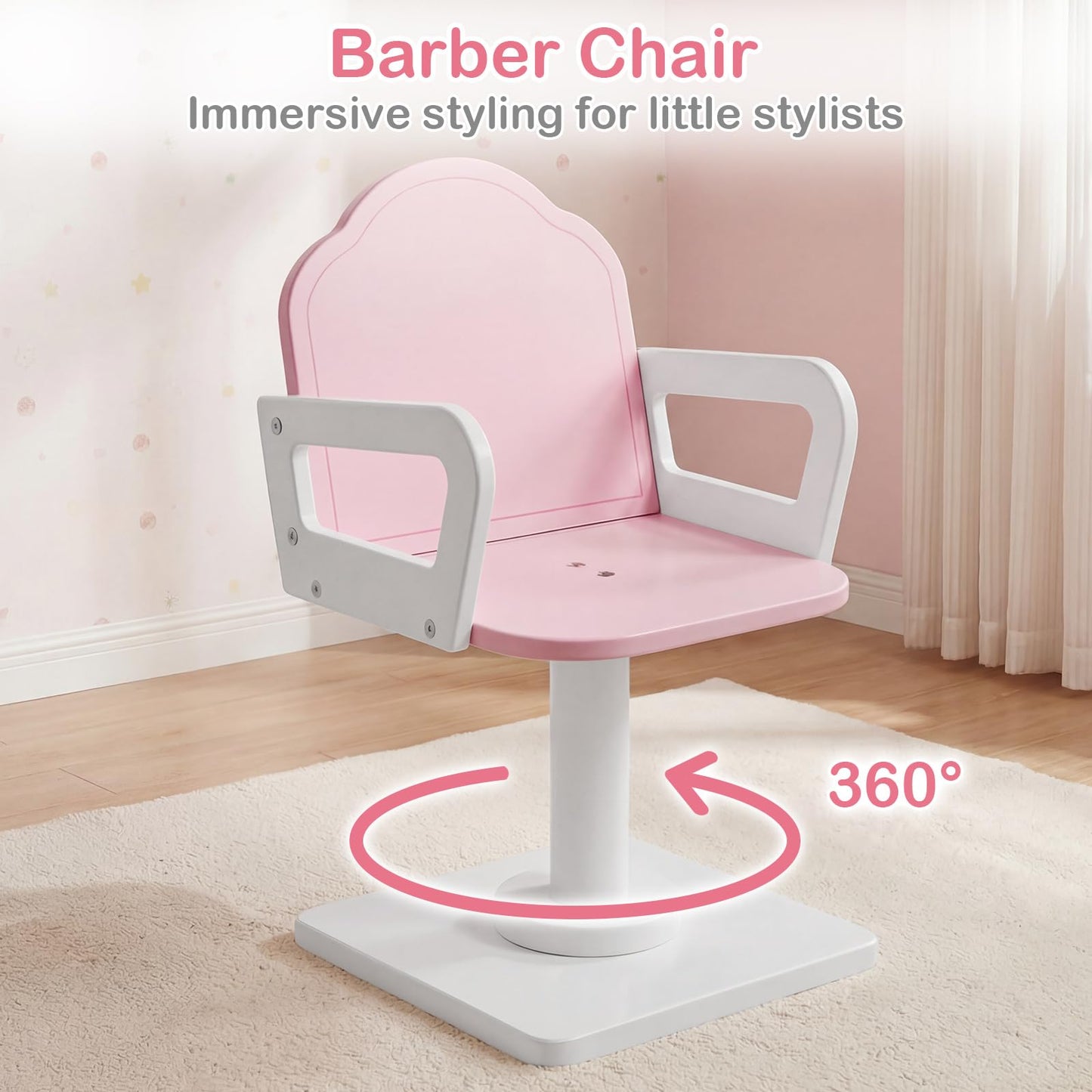 Olakids Kids Vanity with Lights and Barber Chair, Wooden Princess Makeup Dressing Desk with Mirror, Storage Shelf, Toy Accessories, Toddler Table and Chair Set Pretend Playset for Girls Aged 3+