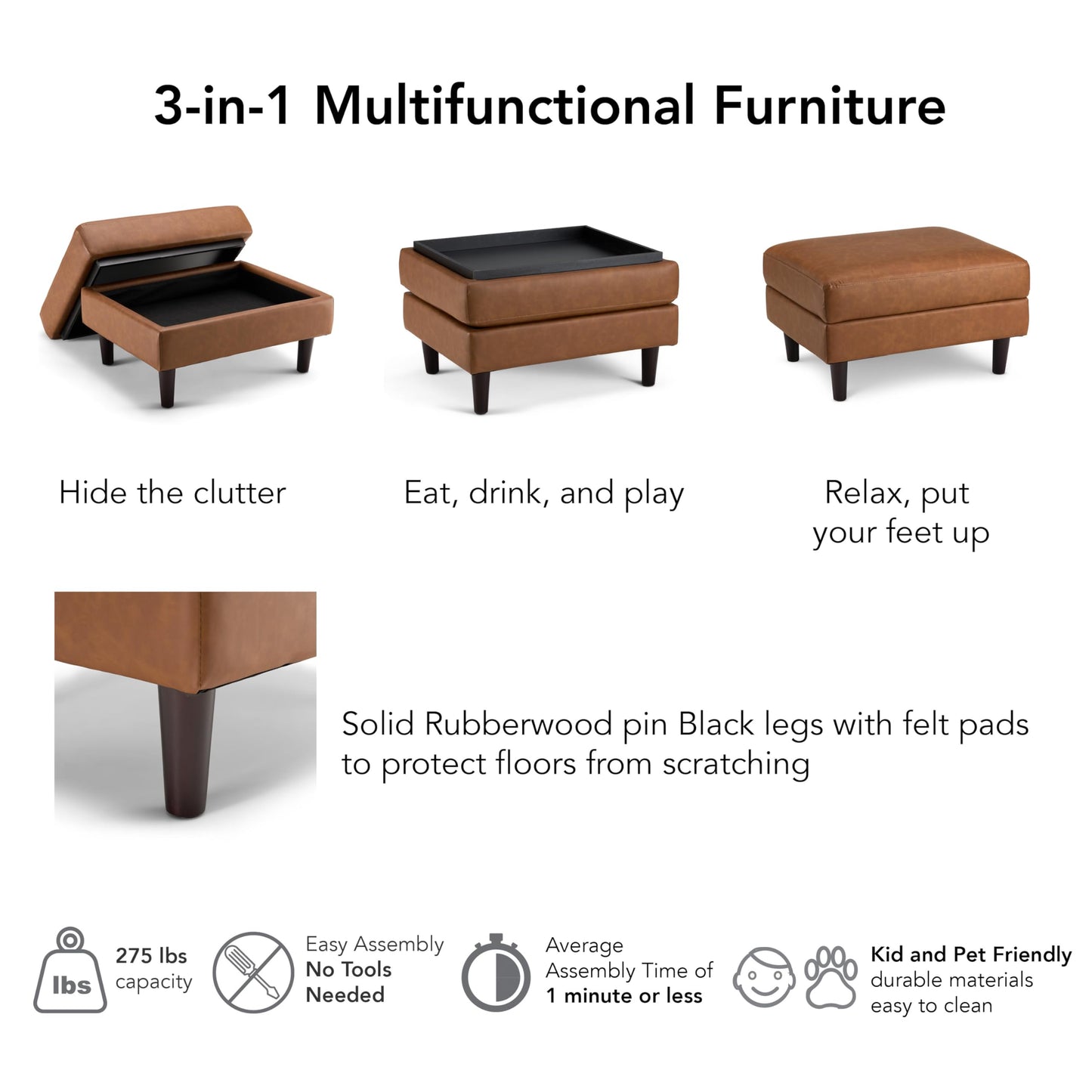 Bush Home Storage Ottoman with Tray, Living Room Furniture, Max Collection, Buffed Camel Vegan Leather