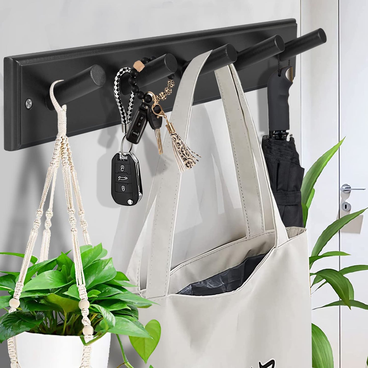 horkmous Wooden Coat Rack 2Pcs, 16'' Hole to Hole Wooden Wall-Mounted Coat Hooks, 5 Pegs Bamboo Wall Hooks for Hanging Towels, Hats, Robes, Clothes, Keys, White