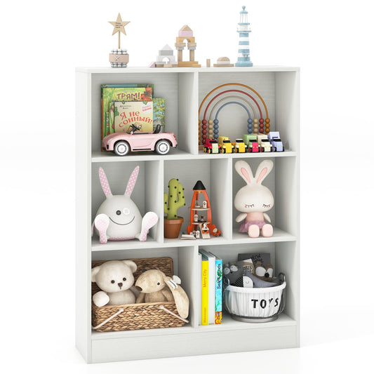 Costzon 7-Cube Bookshelf for Kids, Wooden Toy Storage Organizer w/ 2 Anti-Toppling Kits, 3 Tier Open Shelves & Non-Slip Foot Pads, Montessori Toy Shelf for Kids Rooms, Playroom, Classroom, Nursery