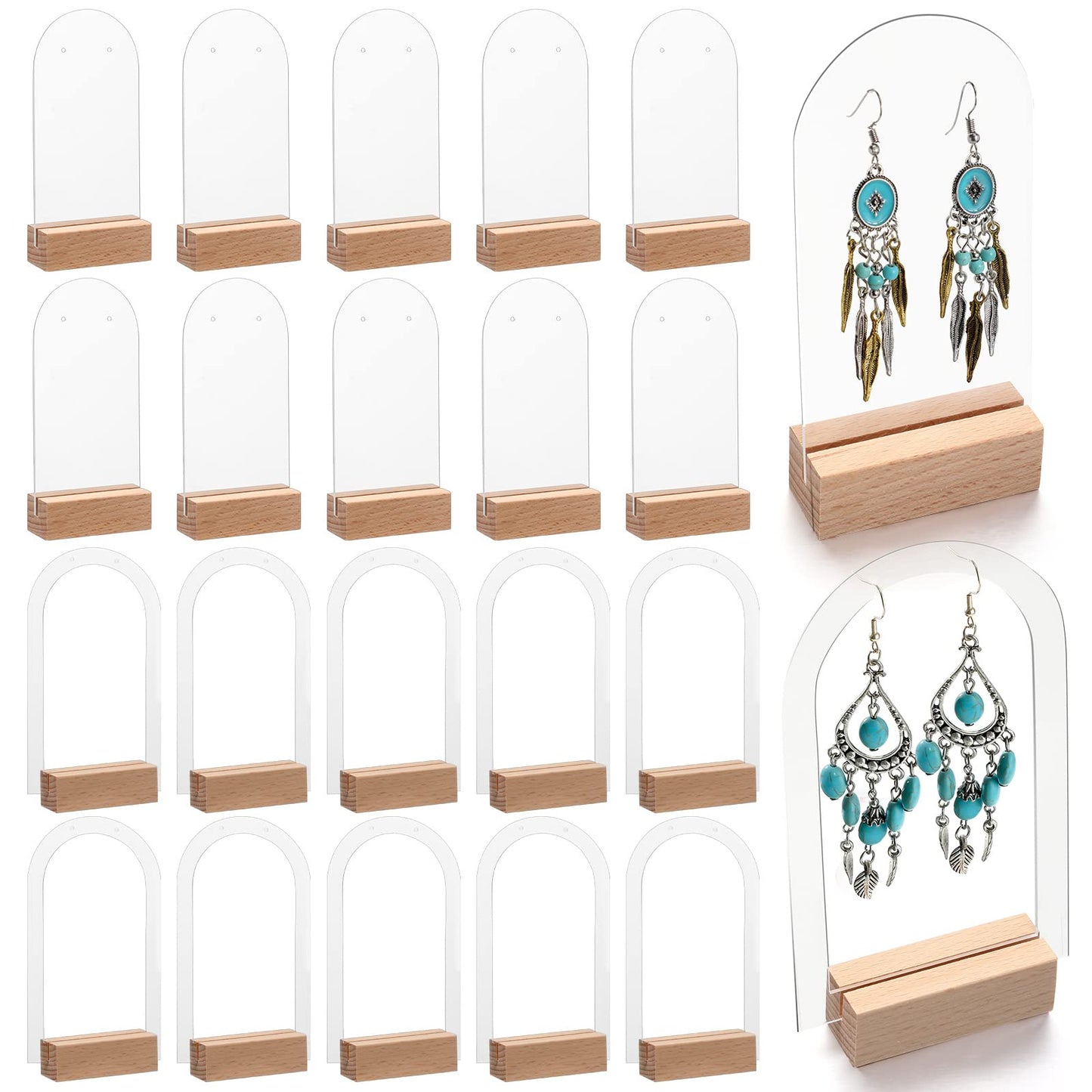 48 Pieces Acrylic Earring Display Stand Jewelry Retail Holder Arch Holder Solid Hollow Acrylic Sign Stand Jewelry Displays with Wooden Bases for Studs Dangle Earring