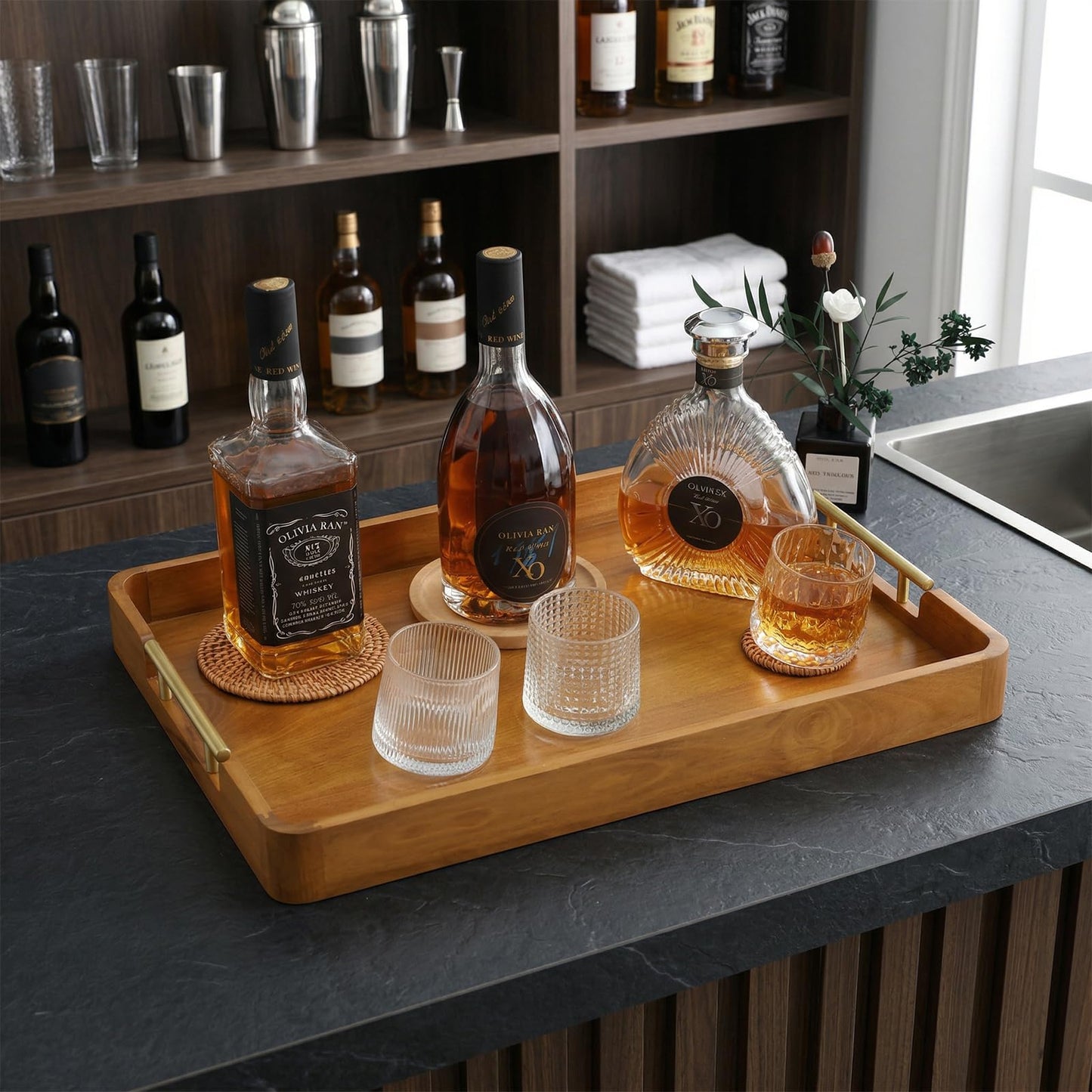 Fopeat Solid Teak Wood Serving Tray with Handles, 20"x14"x2" Large Ottoman Tray for Living Room Kitchen Party, Decorative Rustic Rectangular Tray for Home Coffee Table Breakfast Dinner Bar
