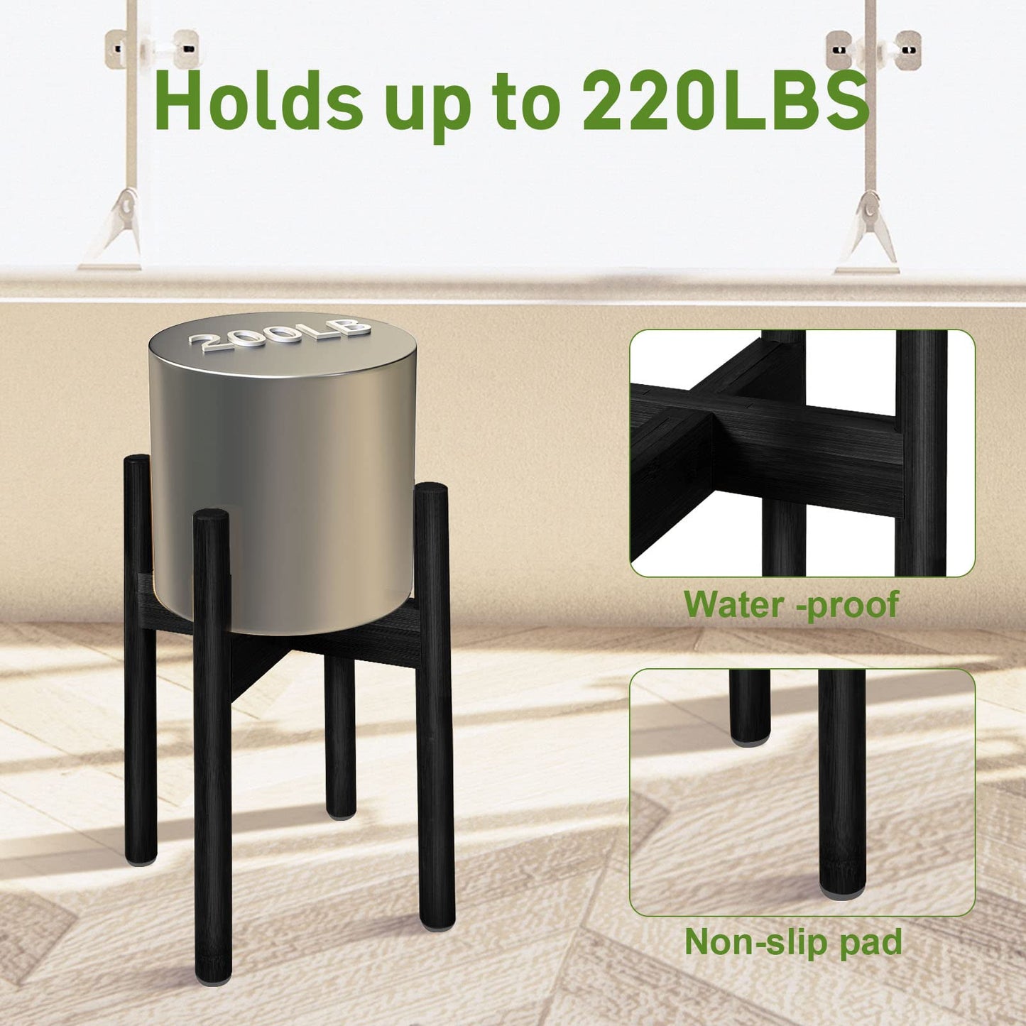 BESHOF 2 Pack Bamboo Plant Stands, Adjustable Plant Stand Indoor, Mid Century Modern Plant Stand, Plant Holder for Living Room, Balcony Fits 8 to 12 Inches Pots (Black)