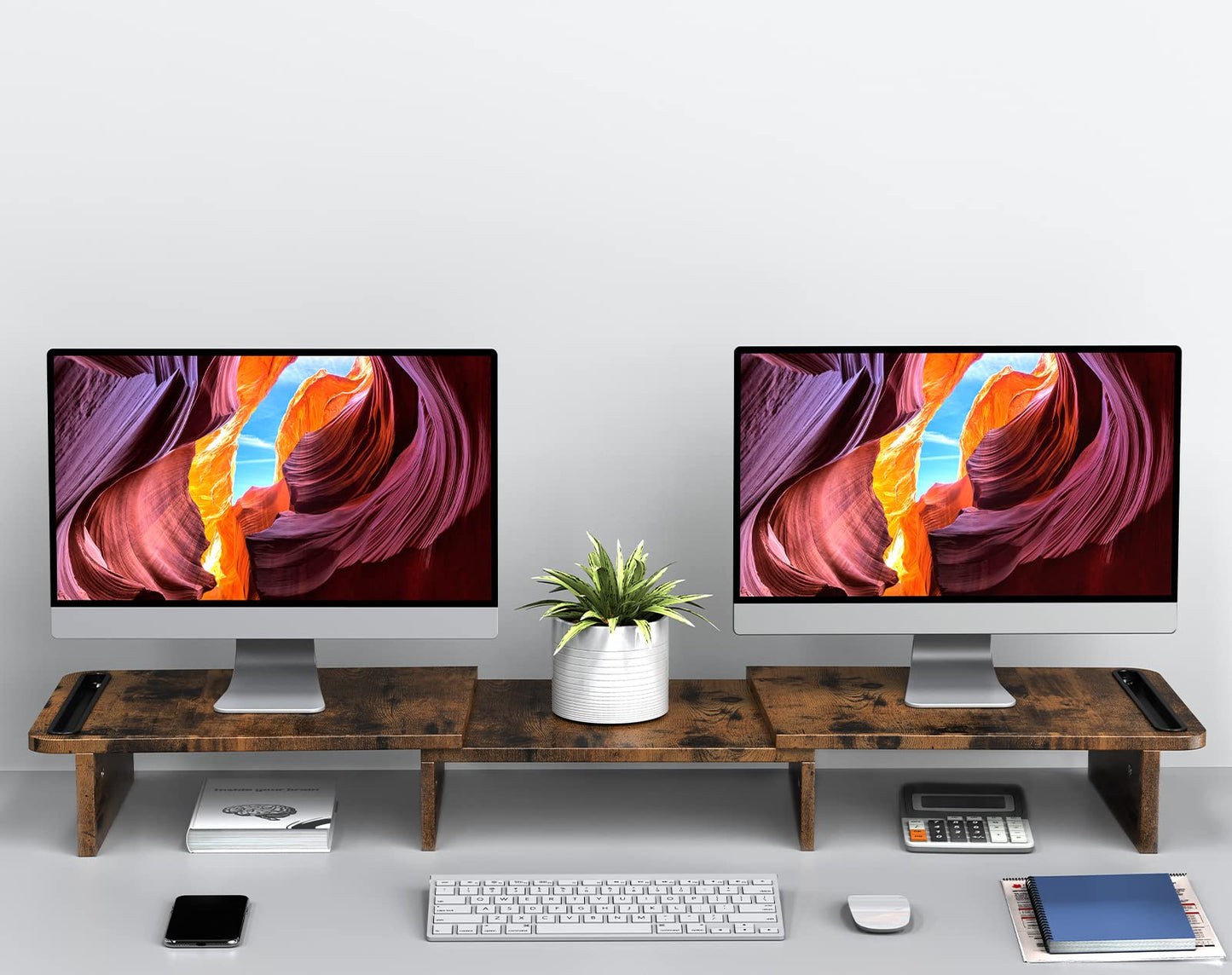 Zimilar Dual Monitor Stand Riser, Monitor Stand with Adjustable Length and Angle, Wood Monitor stand for desk, Monitor Riser for 2 monitors with Storage Space(Rust Brown Large)