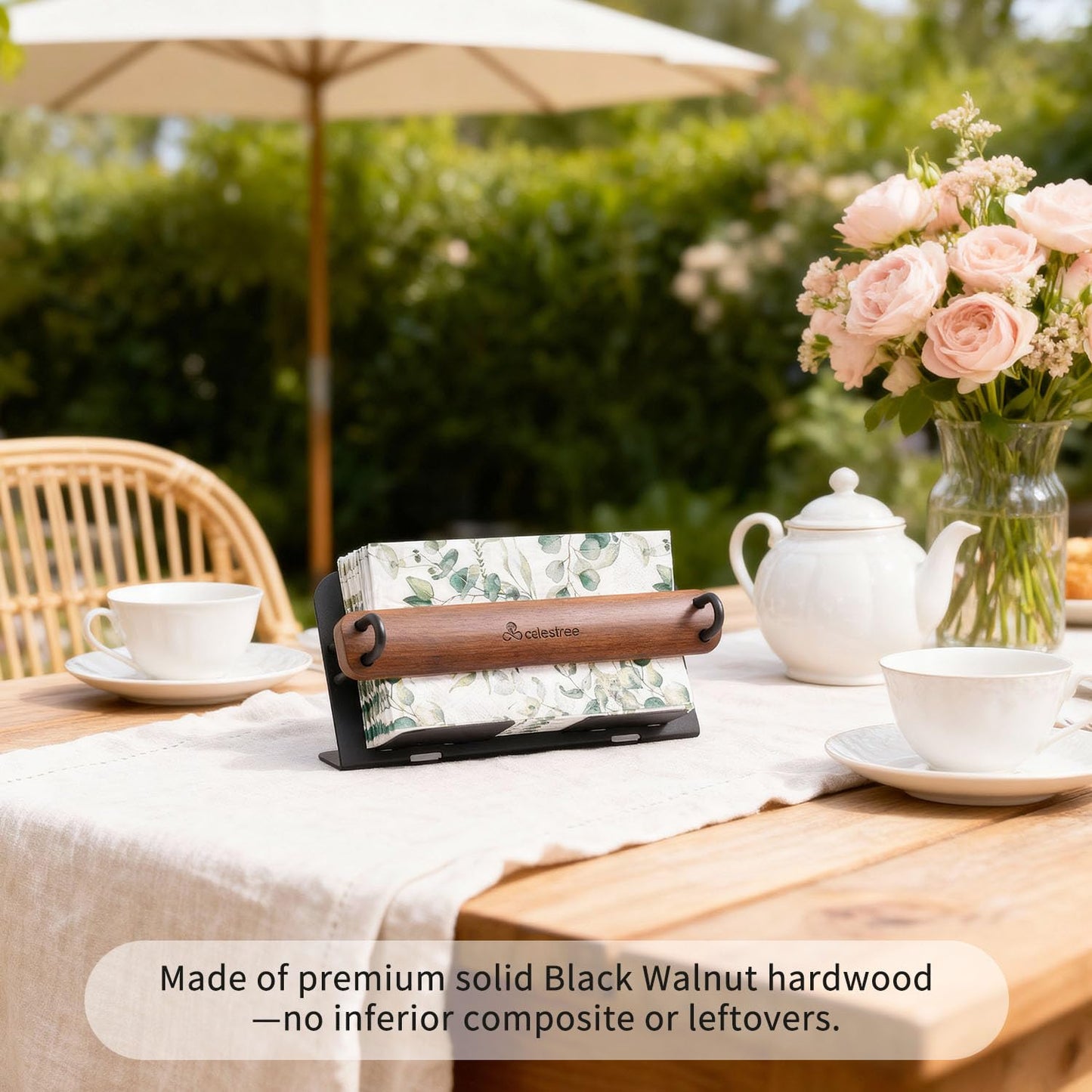 Rectangular Napkin Holder Wooden - Celestree Paper Napkin Dispenser with Solid Black Walnut Weighted Bar, Modern Metal Frame Windproof Stable for Kitchen Dining Table Bar Outdoor Party (Gift Ready)