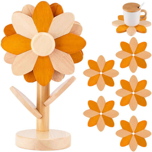 Threehoney Wooden Flower Coaster Set Wooden Trivets for Hot Dishes Tree Shape Trivet Set 4 Wood and 1 Stand Stored Beech Color Blocked Design (Orange Beech Wood Color)