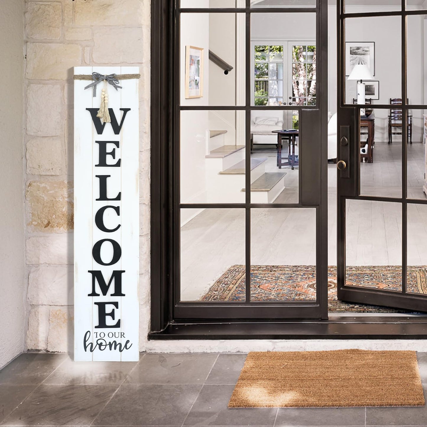 MODE HOME Large Vertical Welcome Sign for Front Door Porch, 47x10 Inch Solid Wood Farmhouse Porch Decor, 3D Raised Letters Rustic Welcome to Our Home Sign with Beads & Bow, No Assembly Required, Whitewashed
