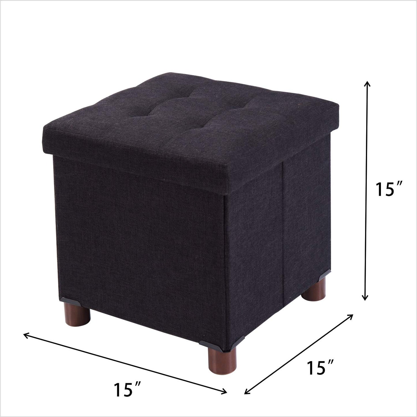 15 Inch Storage Ottoman with Wooden Legs - Cube Foot Rest Stool, Square Footstool, Comfortable Seat with Lid, Foldable Fabric Ottoman, Space-Saving Black