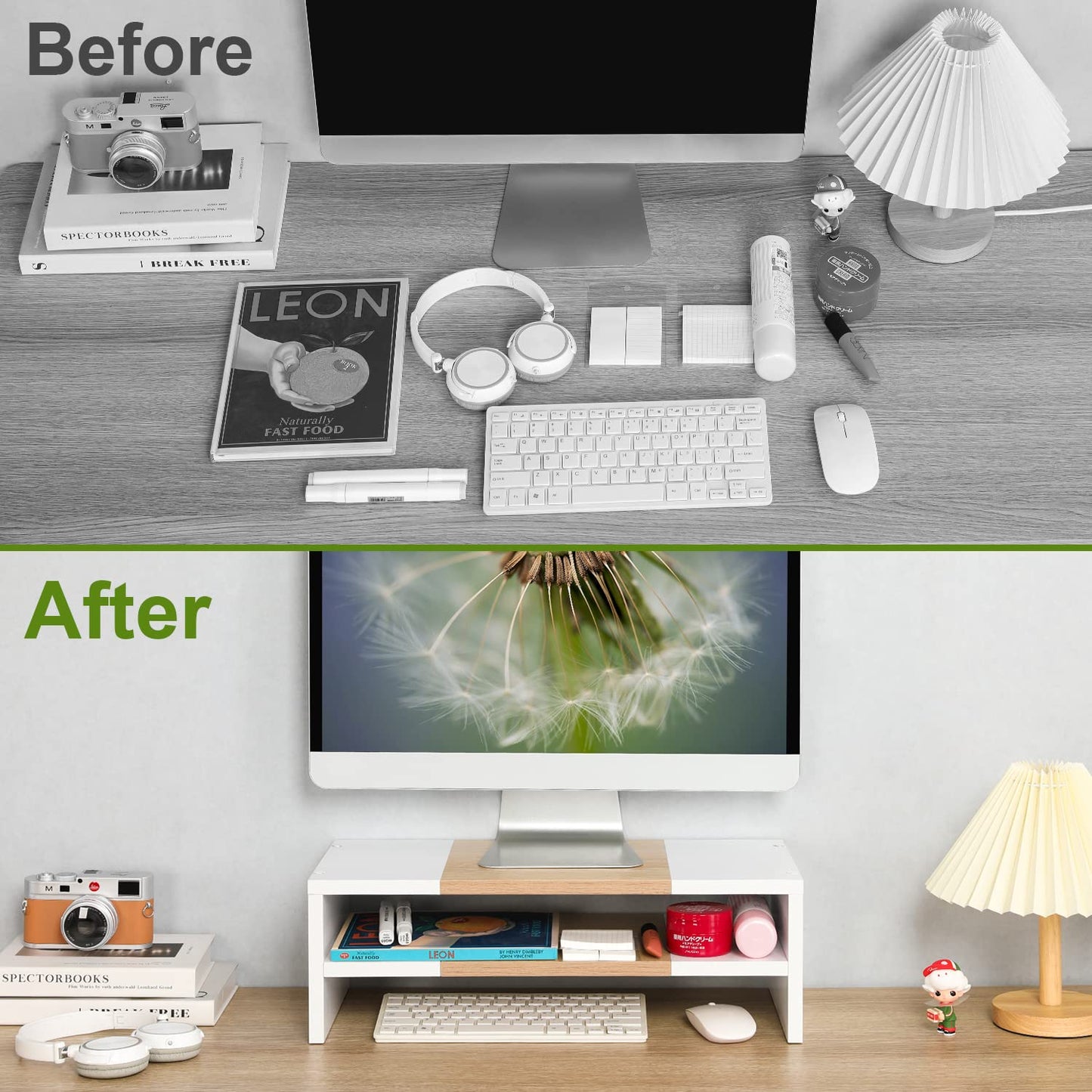 TEAMIX 2 Tiers Desktop Monitor Stand Riser 20 Inch Printer Stand with Storage Small TV Riser Laptop Wooden Desk Organizer Shelf Bookshelf Maple (White+Maple, 2 Tiers)