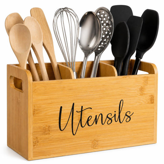 Bamboo Kitchen Utensil Holder for Countertop – Large 3-Compartment Cooking Utensil Organizer & Caddy with Drain Holes, Farmhouse Bamboo Holder for Kitchen Counter, Wood Storage for Spatulas & Spoons