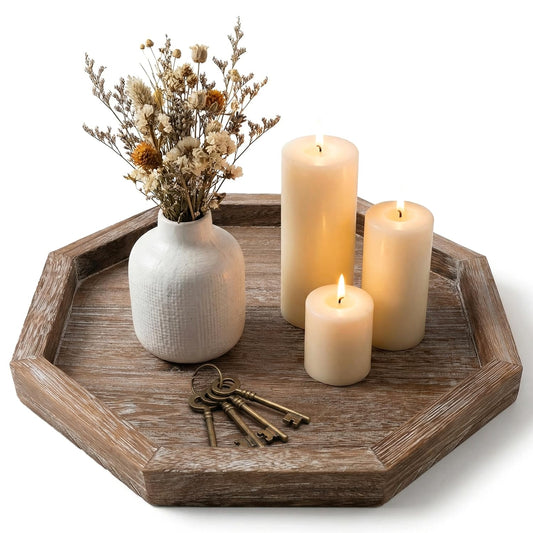 Rustic Candle Holder Plate Boho Wooden Decorative Trays for Coffee Table Farmhouse Kitchen Counter Home Decor Living Room Small Wood Serving Tray for Dining Table Centerpiece Bathroom Vanity Trays