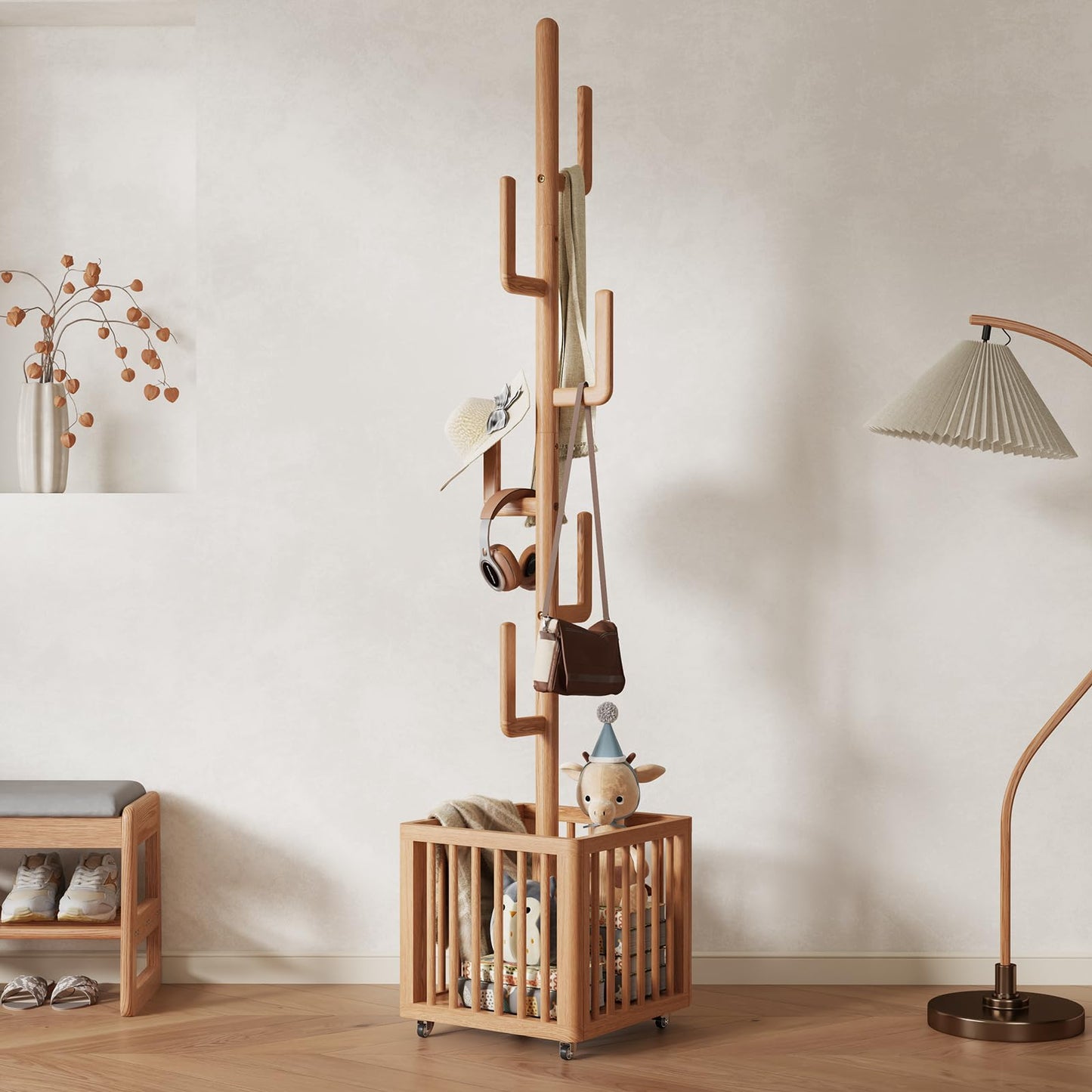 YQJJGL Solid Wood Cactus Coat Rack with 6 Hooks and Storage Basket,Natural