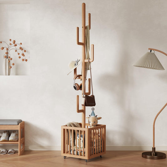 YQJJGL Solid Wood Cactus Coat Rack with 6 Hooks and Storage Basket,Natural
