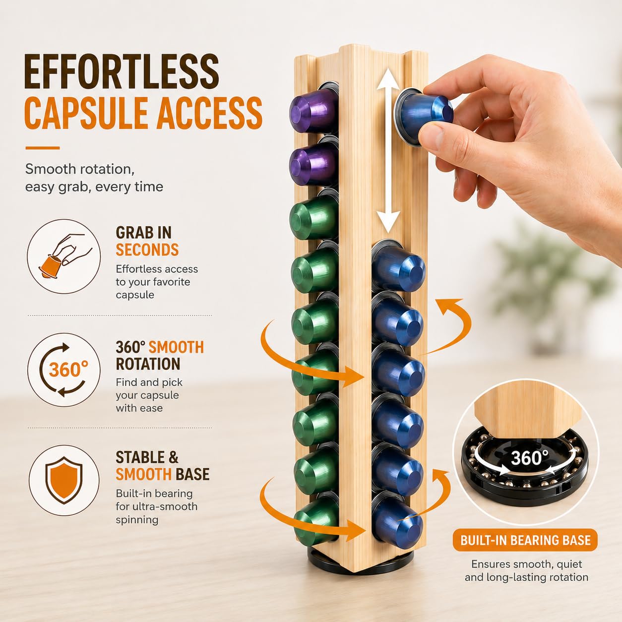VOMELON Wooden Coffee Pod Holder Compatible with Nespresso Original Pods,Rotating Vertical Carousel Pod Holder Coffee Station Countertop Organizer Storage Rack for 36 Pods