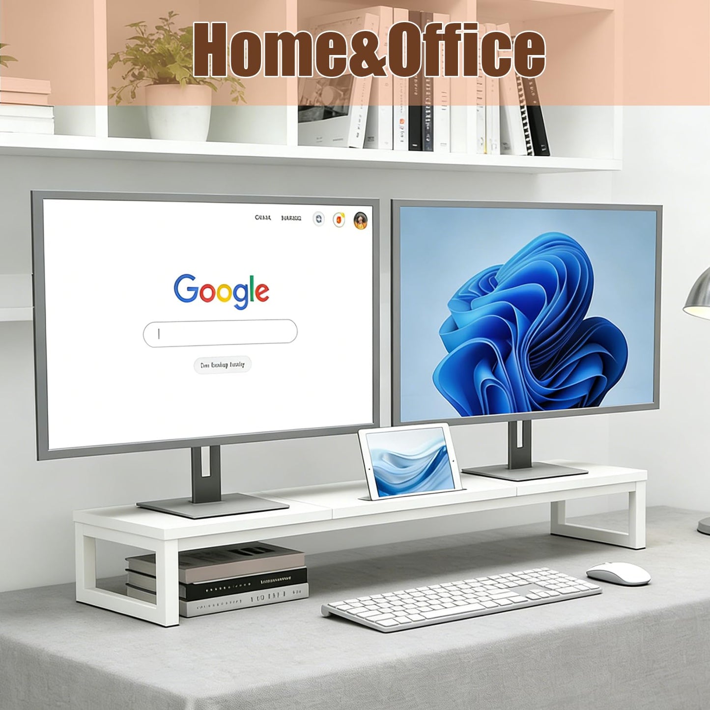 huacz Dual Monitor Stand Riser, 38.7'' Long Wood and Steel Monitor Stand for 2 Monitors, Ergonomic Desktop Organizer with Tablet Stand for Computer,Laptop,TV (White)