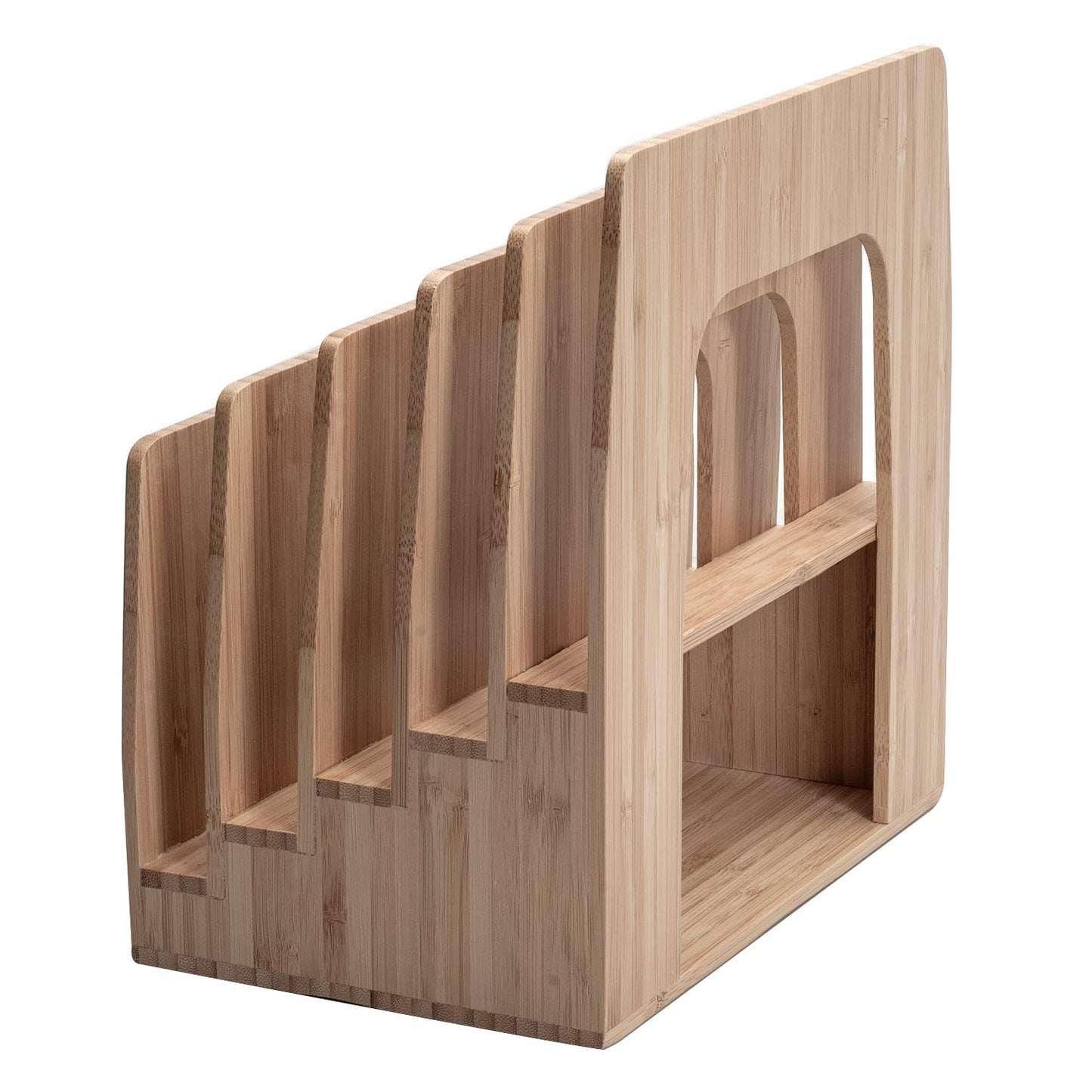 MobileVision Bamboo Multi Device Inclined Organizer for Smartphones, Tablets and Laptops, Upright Sections, Step Sorter, 5 Slots