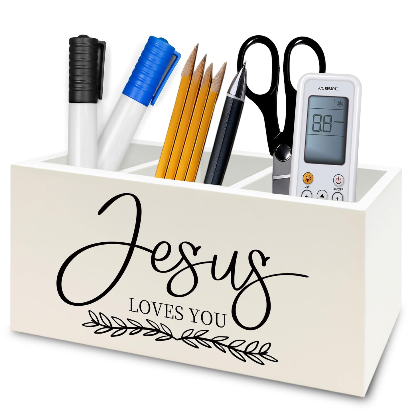 QZQE Christian Pen Pencil Holder Organizer for Desk, Christian Gifts for Women, Jesus Loves You Bible Verse Scripture Wooden Box Signs Decorations for Home Office Desk Tabletop, Religious Gifts