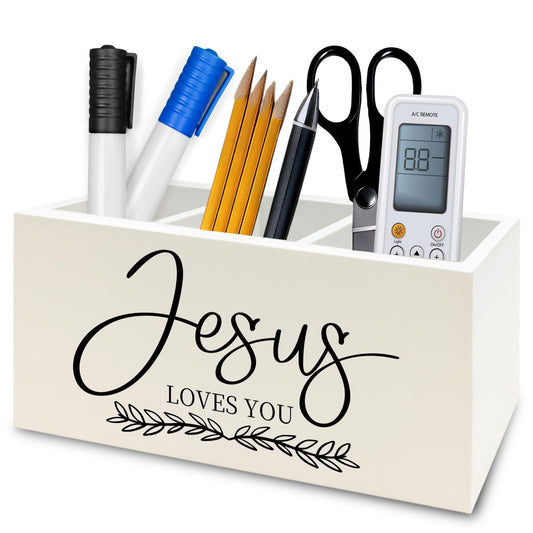 QZQE Christian Pen Pencil Holder Organizer for Desk, Christian Gifts for Women, Jesus Loves You Bible Verse Scripture Wooden Box Signs Decorations for Home Office Desk Tabletop, Religious Gifts