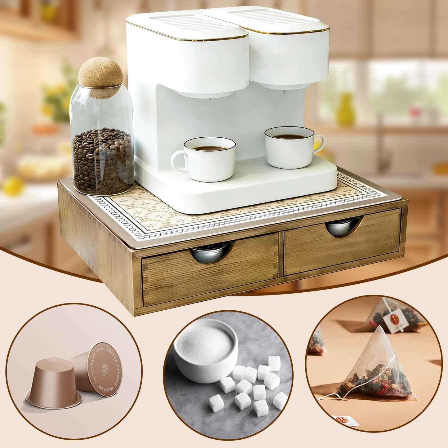 YAOYAO LAND Wooden K Cup Organizer, Coffee Pod Storage Box and Tea Organizer Holder, K Pod Drawer Under Brewer Coffee Maker Machine Stand, Organizador De Cafe, 30 Pod Capacity (Natural Wood)