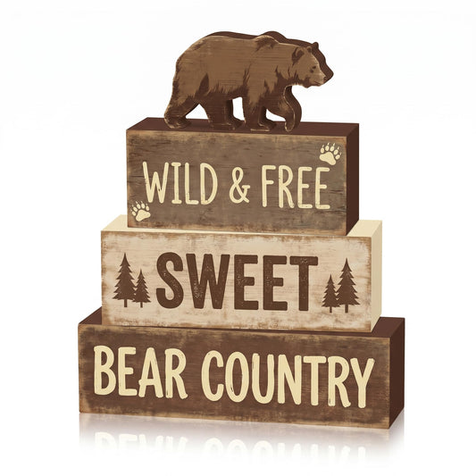 4 Pcs Brown Bear Tiered Tray Decor Woodland Bear Country Wooden Signs Cabin Shelf Sitters Rustic Farmhouse Table Centerpiece Mountain Forest Theme Table Decorations For Home Living Room Lodge