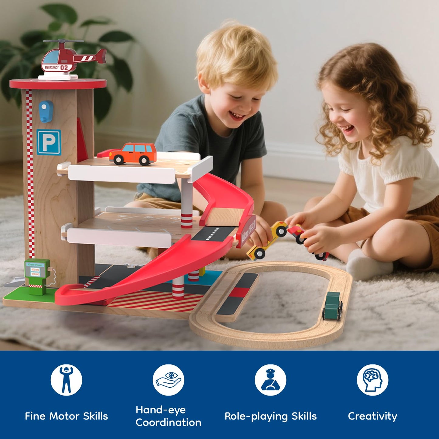 Letoiz Toy Car Garage with Rails, Wooden Parking Garage Toy Playset w/Elevator & Robot Walkie Talkie for Kids, 2 Pack Wooden Handheld Walkie-Talkie for Boys and Girls