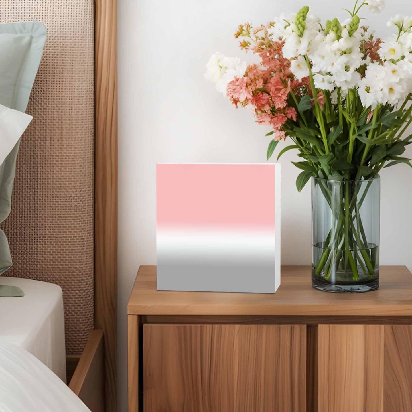 Wood Box Sign Desk Decor Pink White Grey Gradient Square Boxes Sign, Ombre Art Wooden Block Box Sign Decoration for Home Wall Tabletop Shelf Office Decor,6x6IN