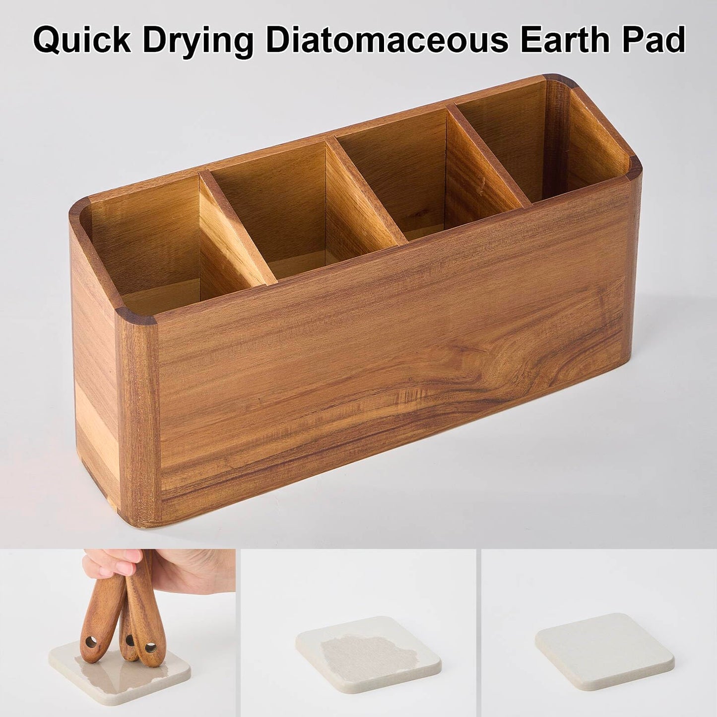 LOHONER Wooden Utensil Holder for Kitchen Counter, Acacia Wood Kitchen Utensil Holder for Countertop with 4 Compartment, Cooking Utensil Organizer, Silverware Caddy (Acacia Wood, 4Compartment)