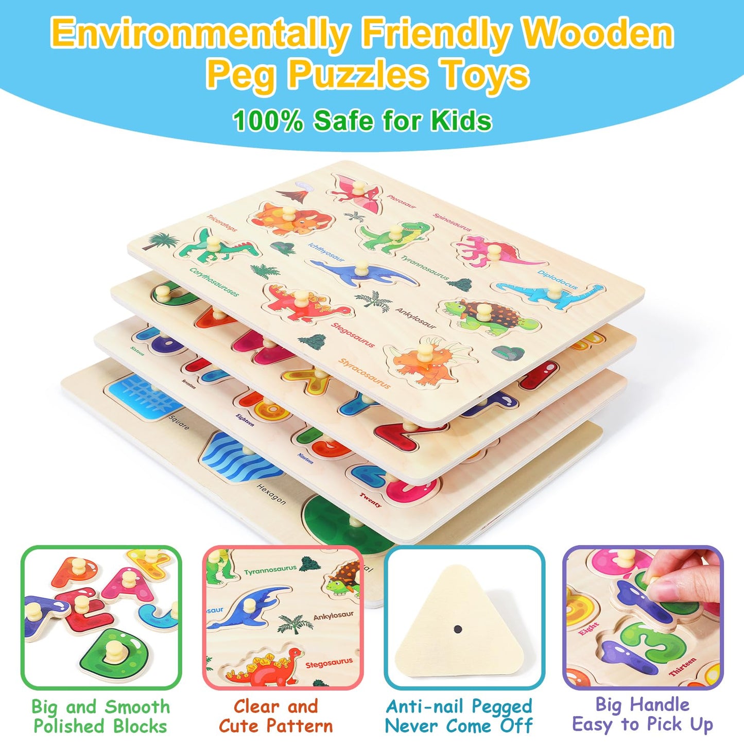 Melofaver Montessori Wooden Peg Puzzles for Toddlers 3 4 5 Year Old, 4 Pcs Kids Educational Toys Preschool Learning Activities-Alphabet, Shape, Number and Dinosaur, Baby Puzzle Gifts for Boys Girls