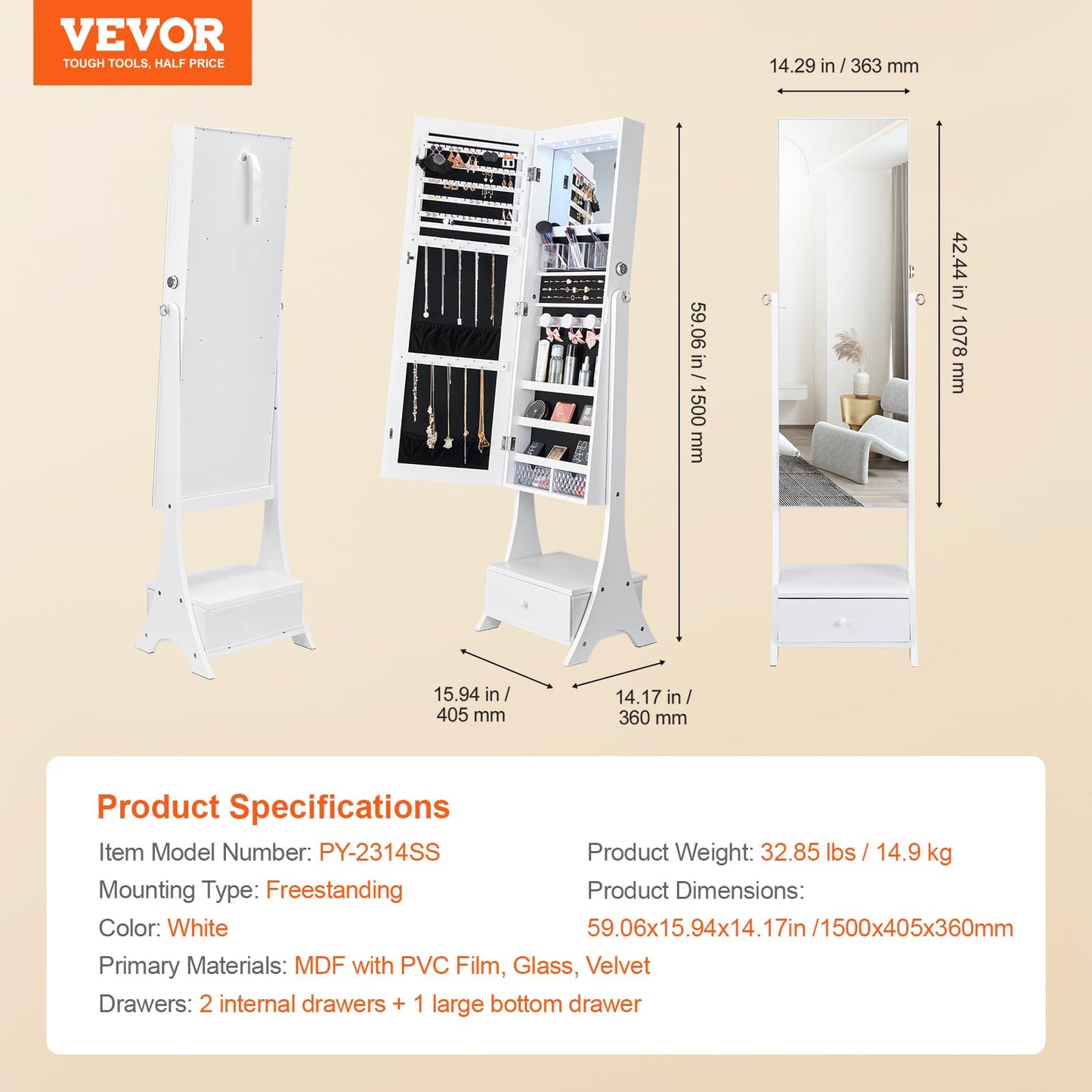 VEVOR Jewelry Cabinet Armoire, 62-Inch Tall Lockable Jewelry Organizer with Full-Length Mirror, LED Light, Velvet Lining, Drawer, Freestanding, White