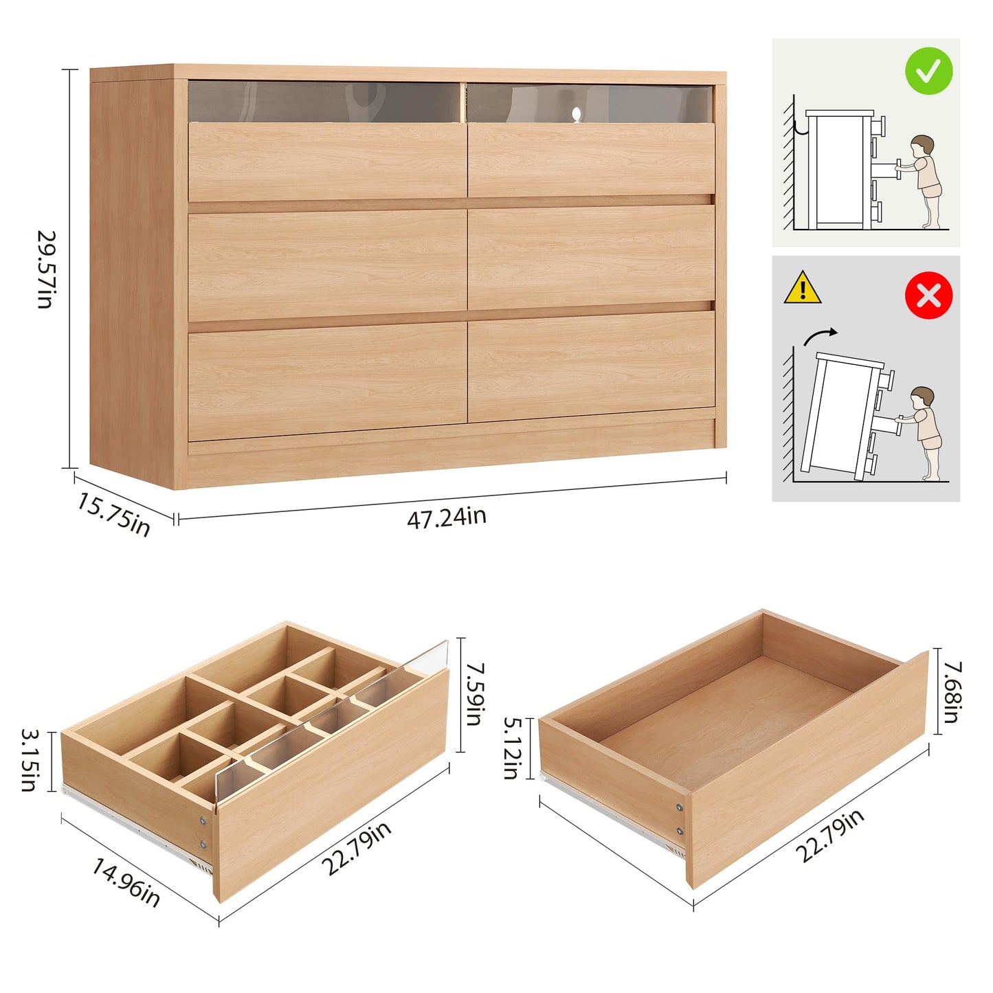 Jocoevol Modern LED 6 Drawer Dresser for Bedroom, Large Chest of Drawers with Hidden Handles, Long Double Wooden Dresser Closet for Living Room, Entryway, Hallway - Natural Oak