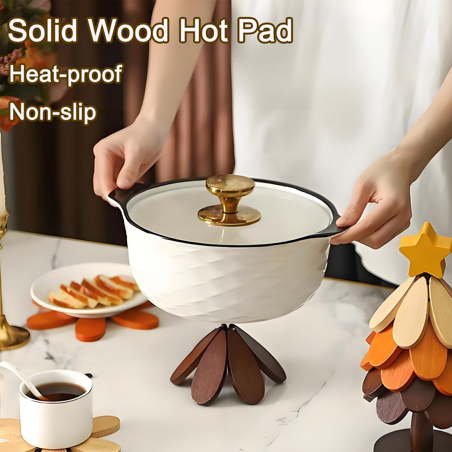 Table Decor Coaster, Tree Trivet Wooden Tree Coasters Christmas Tree Coasters Set of 5,Foldable Kitchen and Restaurant Wooden,for Hot Dishes、Pot、Bowl、Teapot、Hot Pot Holder (Star)