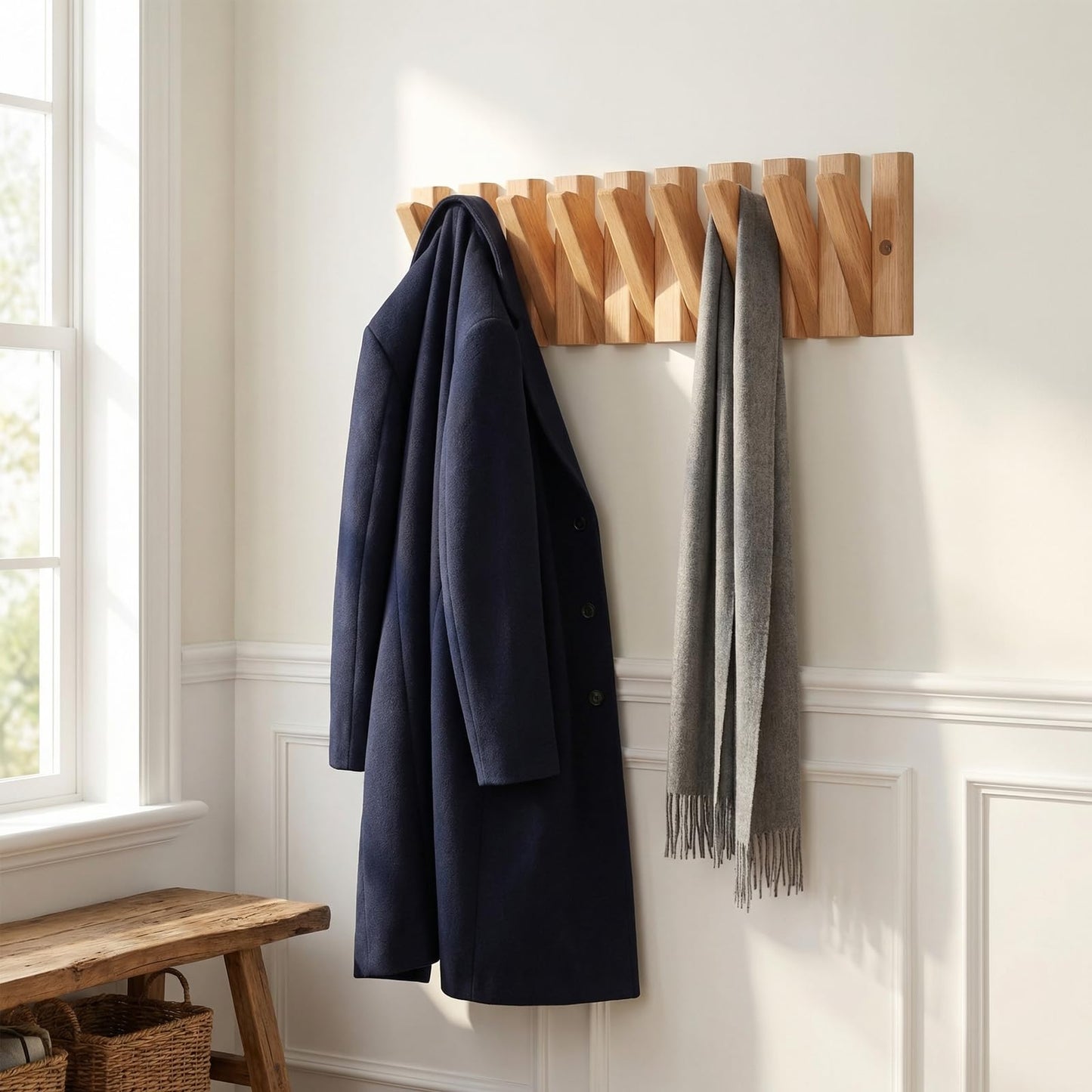 DsoneJagr Wall Mounted Coat Rack with 9 Retractable Hooks, Wooden Modern Space-Saving Piano Hanger for Jackets, Towels, Bags and Leashes in 15 inch