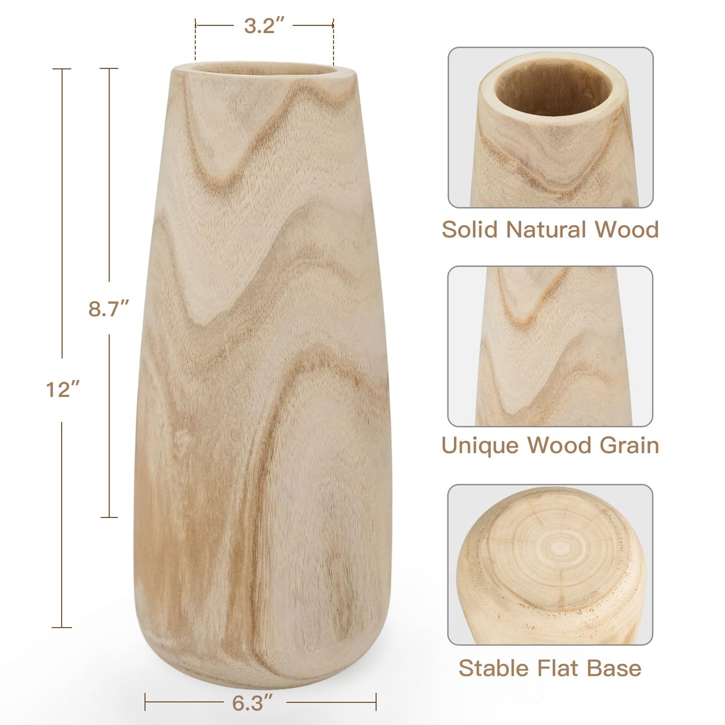 Natural Wood Vase for Dried Flowers – 12 Inch Decorative Table Vase