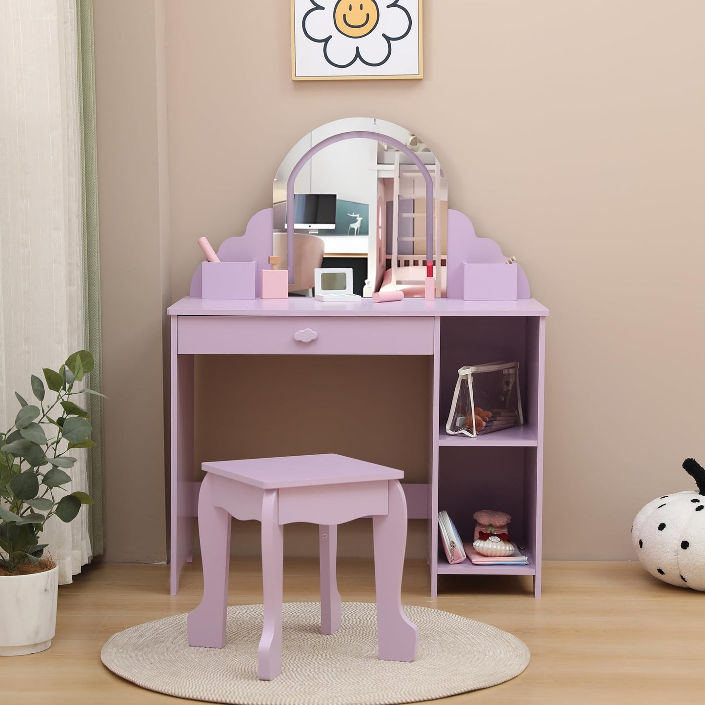 IDEALHOUSE Kids Vanity Table Set with Lighted Mirror & Stool, Makeup Desk with Drawer, Open Storage Shelves, Cubbies & Makeup Playset, Wooden Princess Dressing Table for Little Girls, Purple