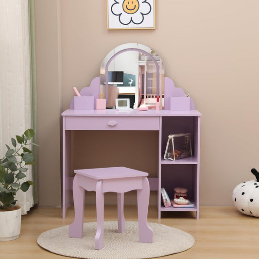 IDEALHOUSE Kids Vanity Table Set with Lighted Mirror & Stool, Makeup Desk with Drawer, Open Storage Shelves, Cubbies & Makeup Playset, Wooden Princess Dressing Table for Little Girls, Purple
