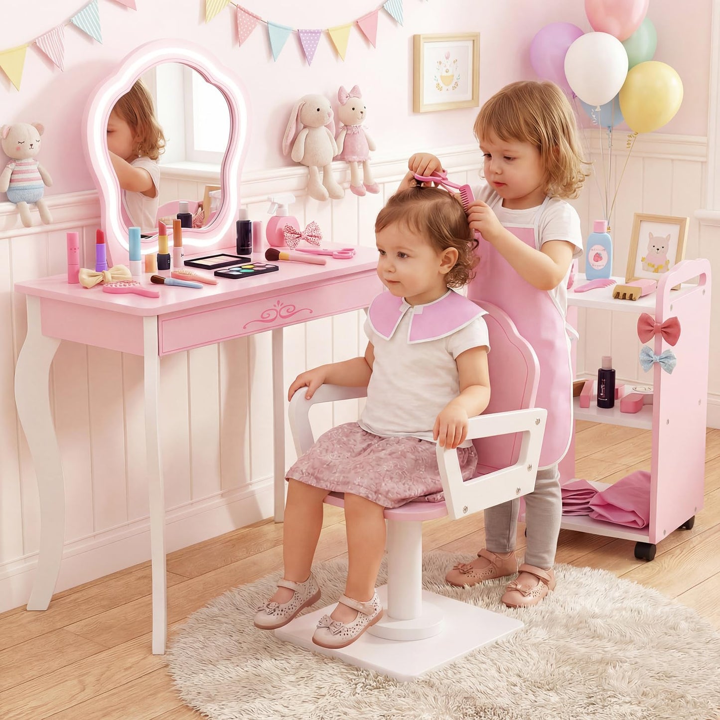 Olakids Kids Vanity with Lights and Barber Chair, Wooden Princess Makeup Dressing Desk with Mirror, Storage Shelf, Toy Accessories, Toddler Table and Chair Set Pretend Playset for Girls Aged 3+