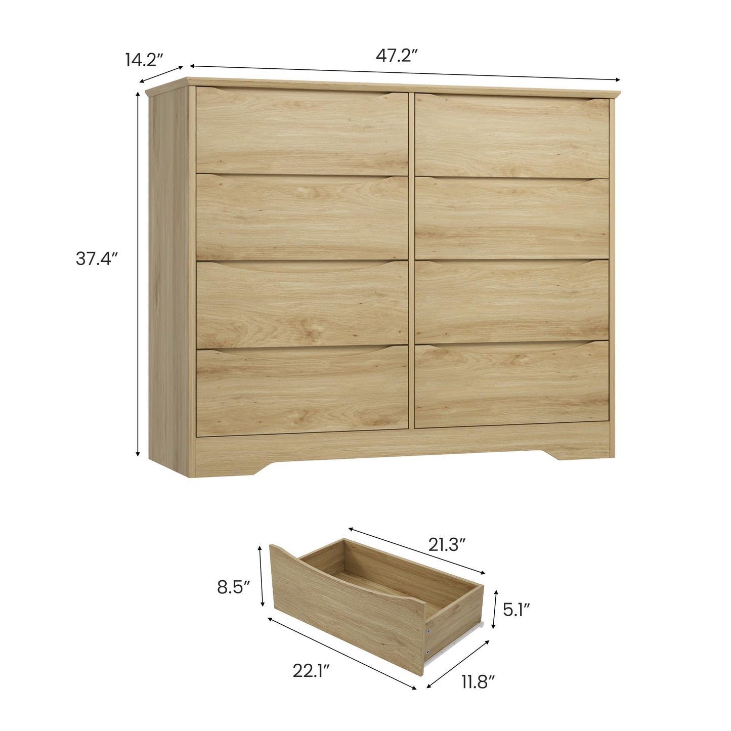 Garvee Wooden Dresser with 8 Drawers, Tall Modern Closet with Deep Storage, Large Chest of Drawers with Wide Top, Long Storage Dresser for Bedroom, Living Room, Hallway, Kids Room, Natural