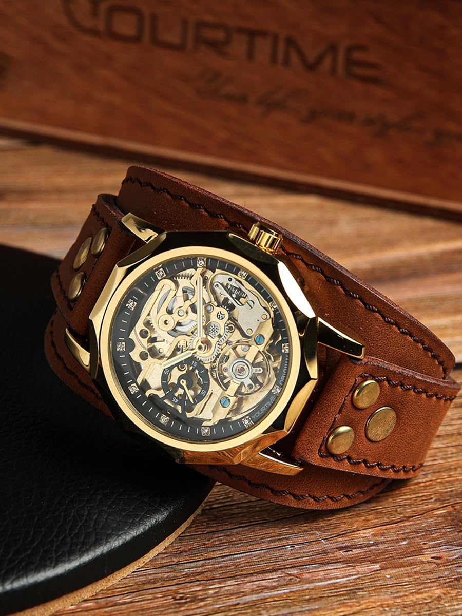 YOURTIME Skeleton Mechanical Watch for Men and Women – Automatic Transparent Golden Dial, Wide Handmade Genuine Leather Strap, Vintage Steampunk Style