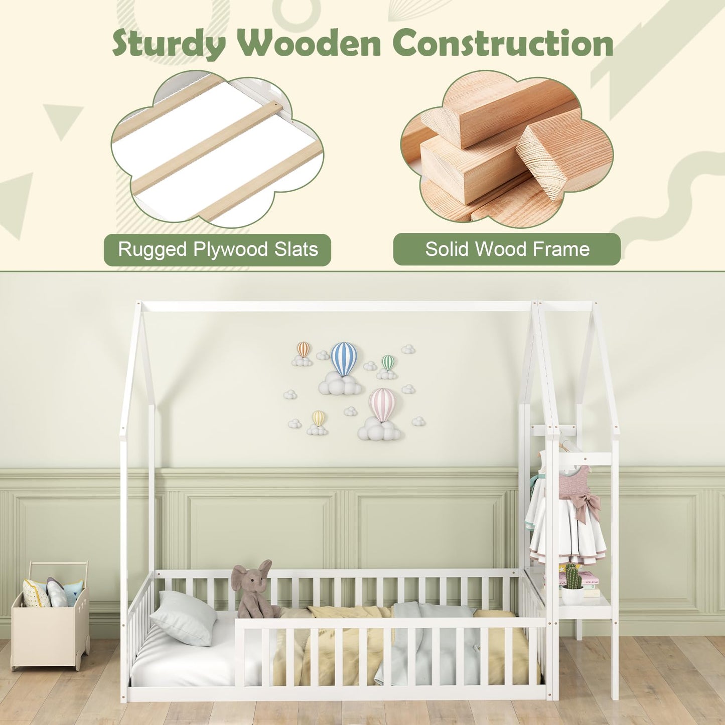 Giantex Twin House Floor Bed, Solid Wood Montessori Bed with Detachable Storage Shelf, Clothes Hanger & Guardrails, Twin Beds for Kids Teens, Girls & Boys