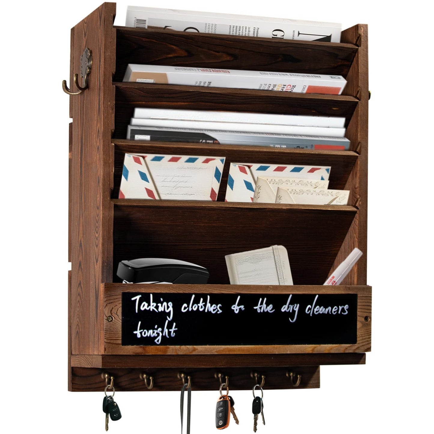 Craftmastudio Rustic wall mail organizer,Key and Mail File Holder for Wall Mount，with 6 Key Hooks 2 Double Key Hooks A blackboard,for Home,Office, Classroom,Entryway Decor (brown)
