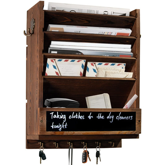 Craftmastudio Rustic wall mail organizer,Key and Mail File Holder for Wall Mount，with 6 Key Hooks 2 Double Key Hooks A blackboard,for Home,Office, Classroom,Entryway Decor (brown)