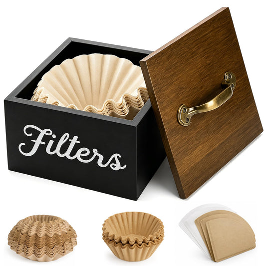 Yarlung Coffee Filters Holder with Lid, Square Wooden Coffee Pods Holder with Rustic Handle, Black K Cup Storage Box for Kitchen Countertop, Cafe Bar Organizer