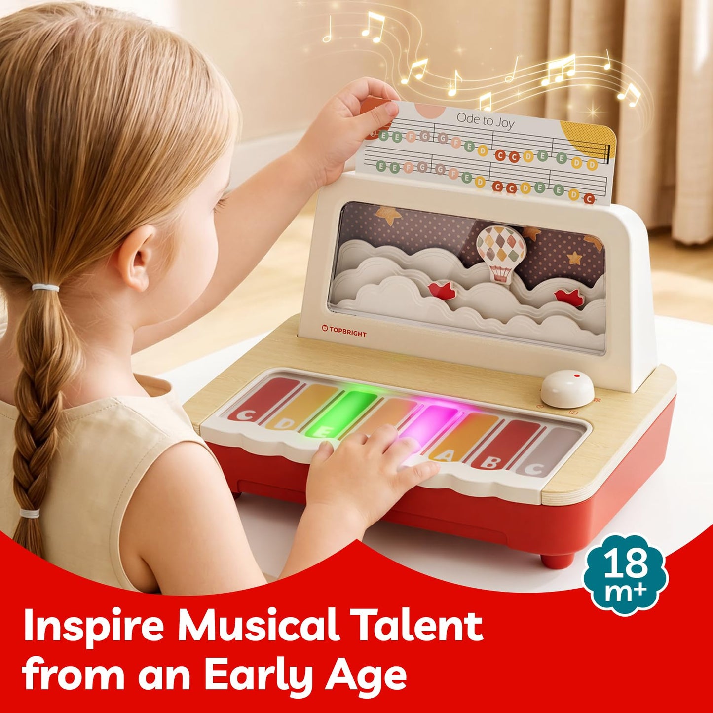 TOPBRIGHT Wooden Toy Piano for Kids, Keyboard Piano with 12 Songs, 3 Modes & Recording, Musical Instrument Learning Toys for Toddlers 1-3, Birthday Gifts for 1+ Year Old Baby Boys Girls -FSC Certified