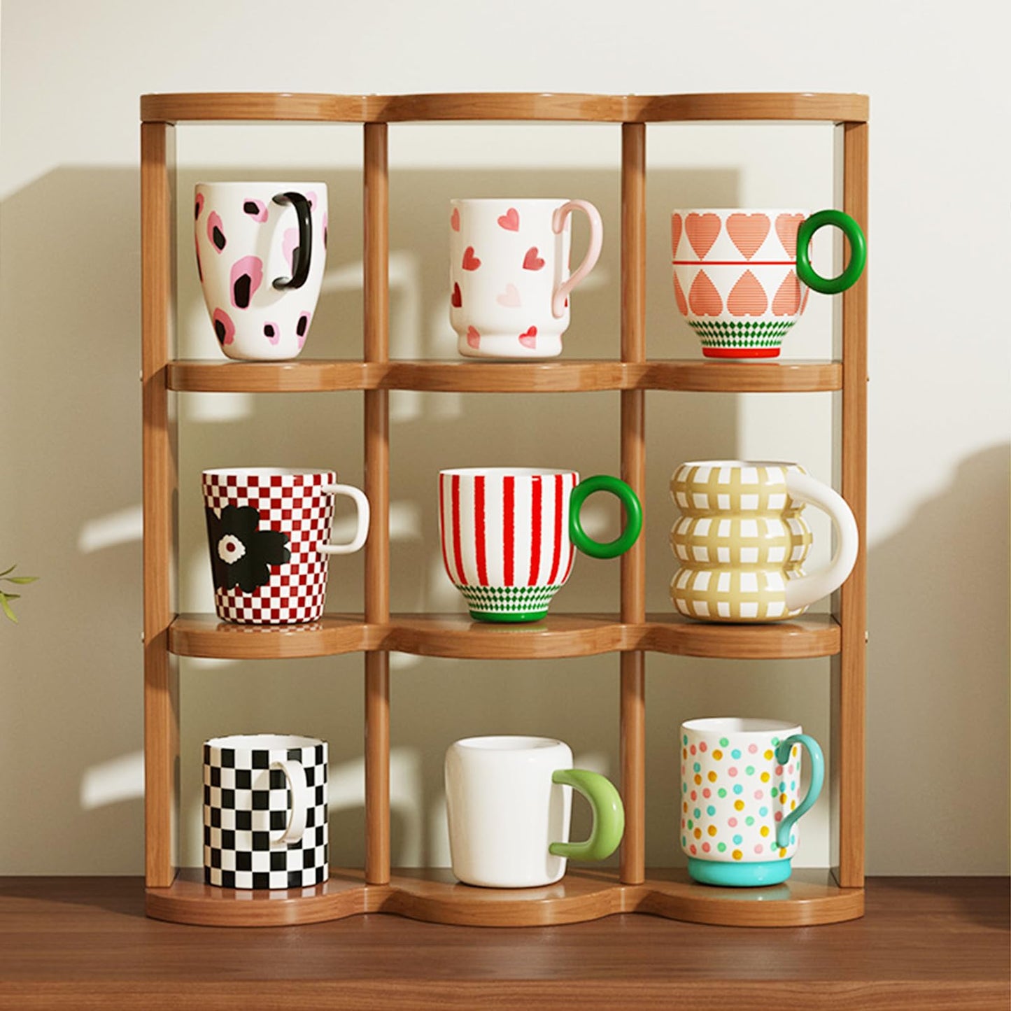 STEHEMO Wooden Coffee Mug Display Rack, Countertop Freestanding Grid Vintage Coffee Cup Display Stand, Rustic Coffee Mug Holder Organizer for Kitchen, Coffee Station,9 Grid