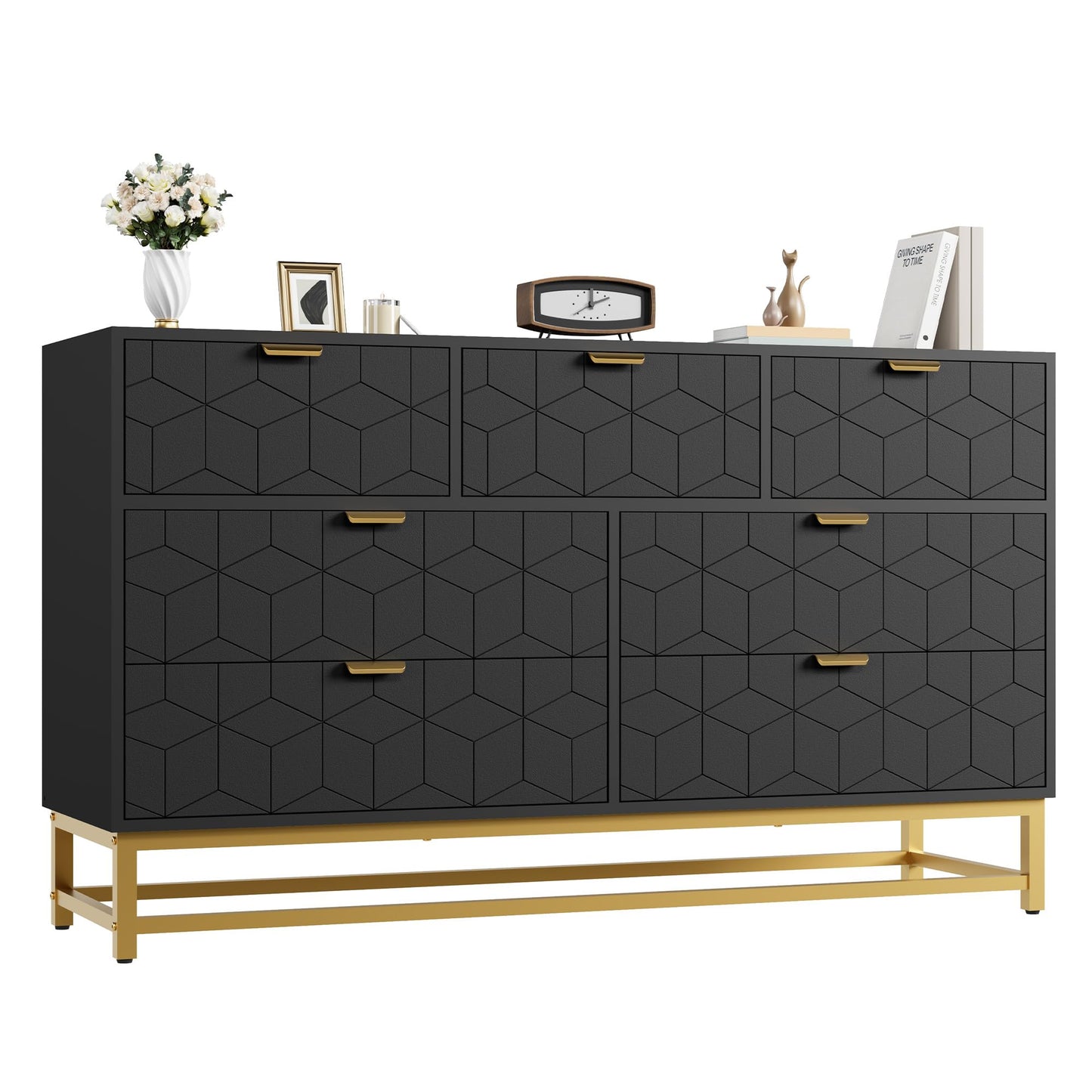 IDEALHOUSE Dresser for Bedroom, 53.5” Wide Dresser Organizer, 7 Drawer with Golden Metal Handle and Legs, Large Modern Chest of Drawers for Closet, Hallway, Living Room, Entryway, Black