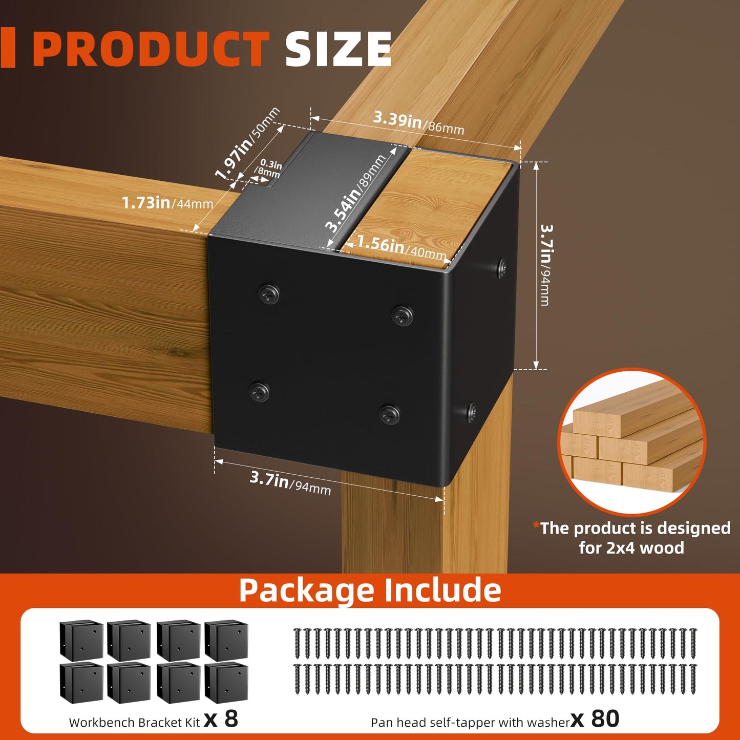 Workbench Bracket Kits - Workbench and Shelving Hardware Kit - Heavy Duty Steel Workbench Corner Bracket - DIY Workbench Kit - 8 Pcs & 80 Screws - Fits 2x4 Wood (Actual 1.5"x3.5")