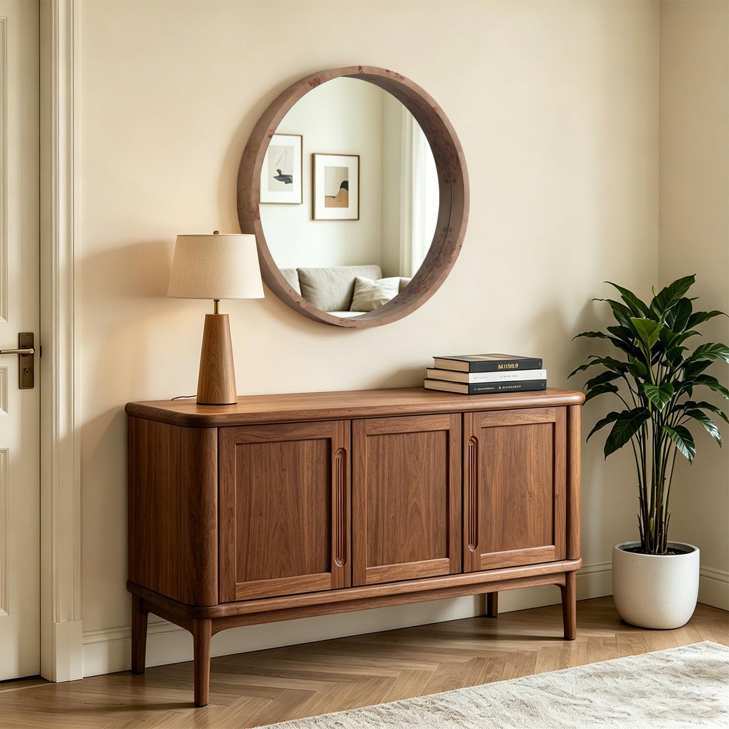 WallBeyond 24 Inch Round Wood Mirror, Farmhouse Circle Wooden Frame Wall Mounted Mirror for Bathroom Vanity, Living Room, Bedroom, Entryway, Natural