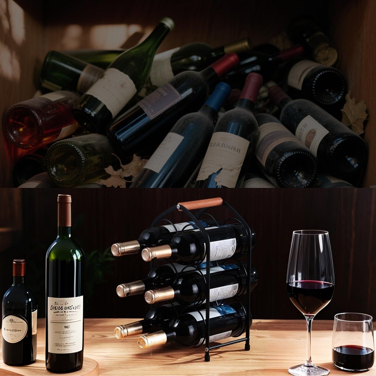 Yaltar Wine Rack countertop Wine Bottle Holder Metal Wine Rack, Industrial Style Honeycomb Design 6-Bottle Wine Storage with Wooden Handle, Easy Installation,for Home Kitchen Bar/Cabinet