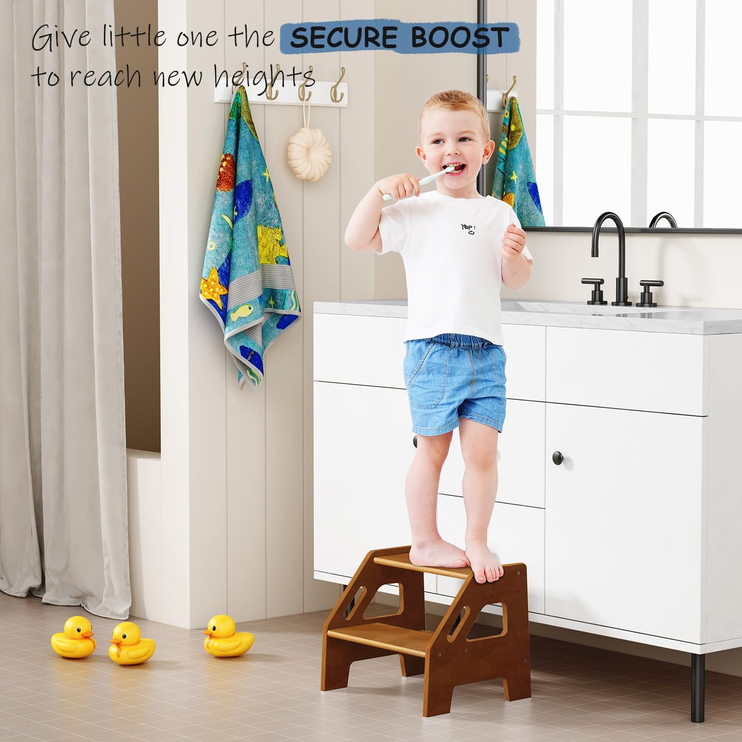 Harwaya Wooden Toddler Step Stool for Bathroom Sink, Dark Wood Kids Toilet 2 Step Stool for Toddlers Potty Training, Baby Child Stepping Stools with Handles for Bedroom Kitchen Counter (Walnut Brown)